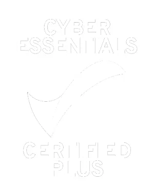 Cyber Essentials Certified Plus logo with a curved checkmark graphic.
